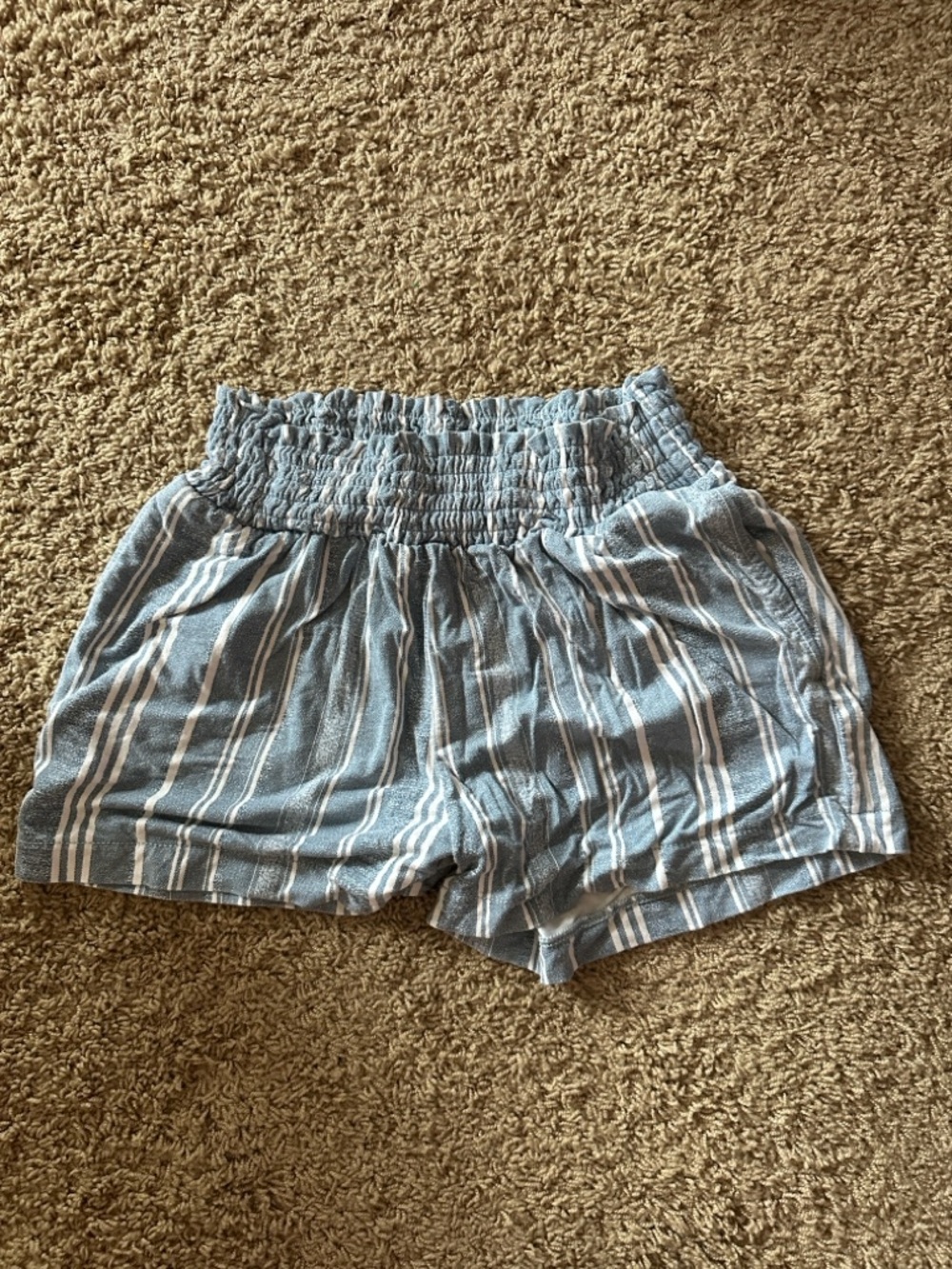 Time and Tru Blue and White Striped High-Waist Smocked Shorts